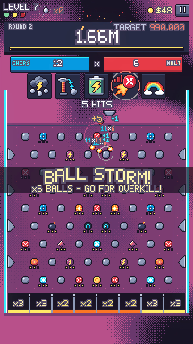 Ball Storm: the target is beaten, so the next drop pours every remaining ball through the board