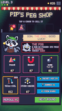 Pip's Peg Shop before a boss round: prism, magnet and bomb pegs and two charms for sale
